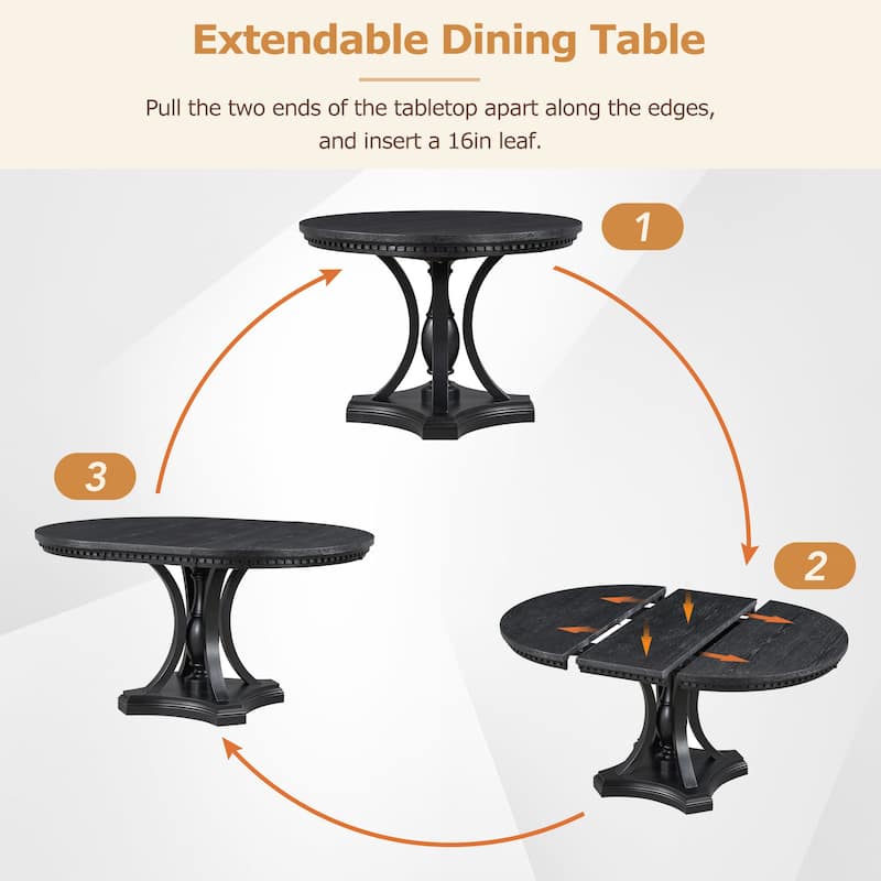 Retro Dining Table and Chairs 5-piece Set, Retractable Round Table with 4 upholstered Chairs, Kitchen Dining Room Coffee Table
