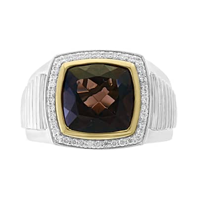 EFFY Men's 925 Sterling Silver Diamond and Smoky Quartz Ring - White