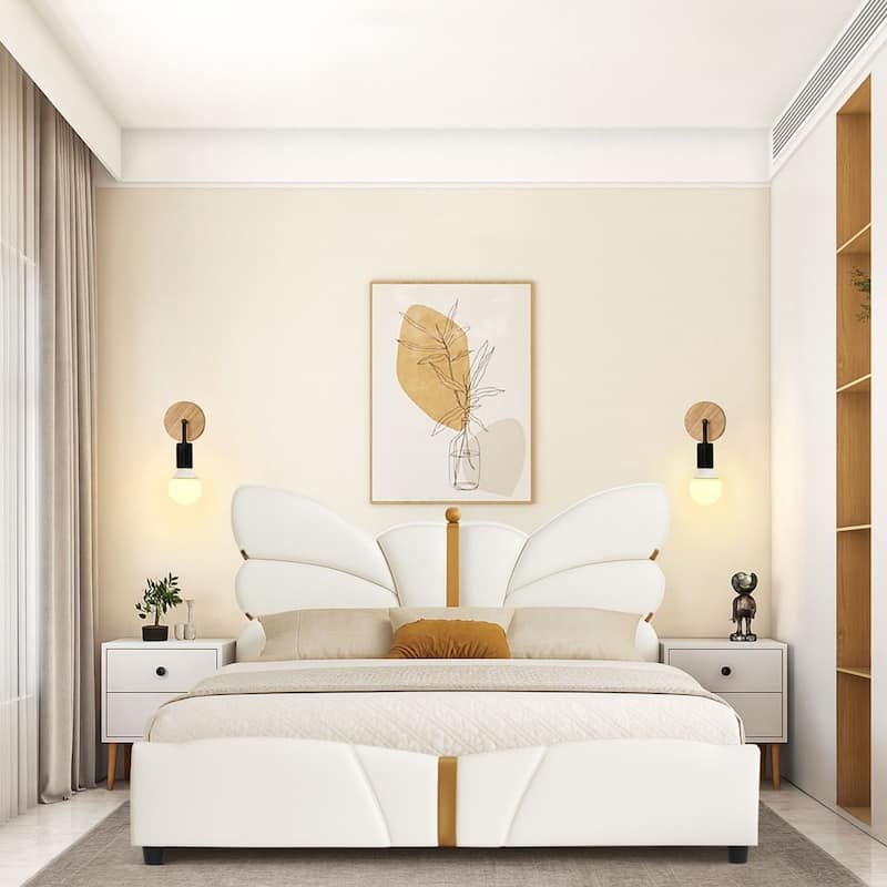 Stylish PU Leather Upholstered Platform Bed - No Box Spring Needed - Beige - Queen