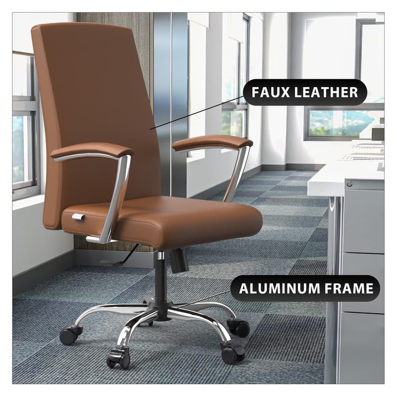 LeisureMod Evander Modern Swivel Office Chair in Faux Leather with Silver Frame