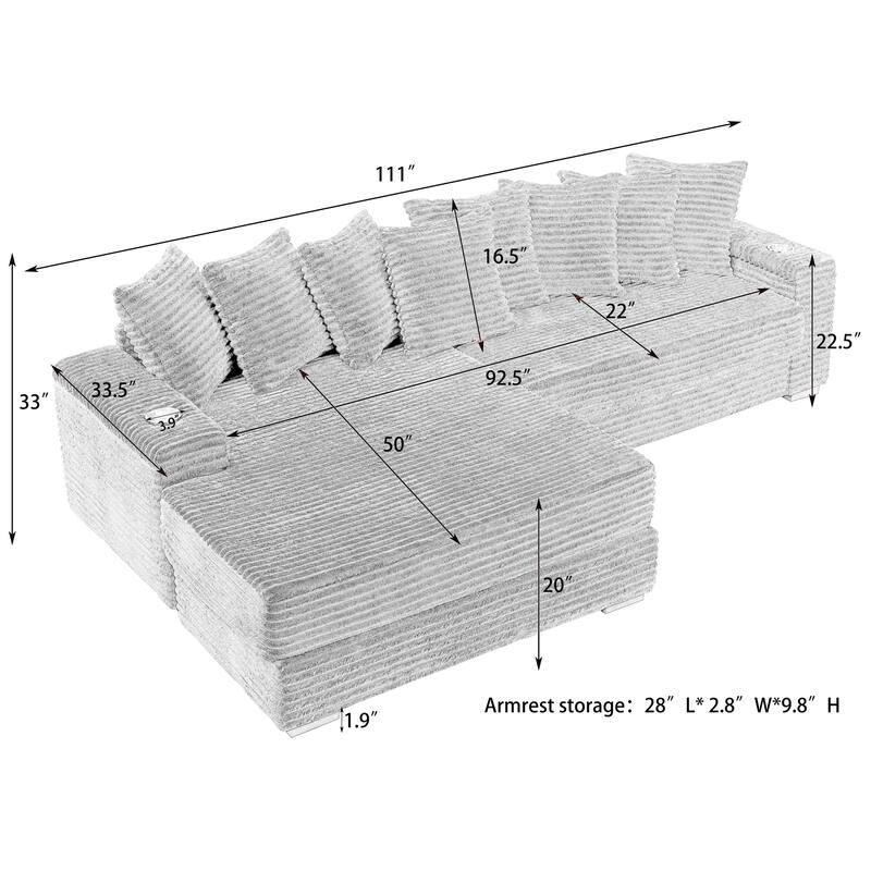 111.4-inch Green Corduroy L-Shaped Sofa with Storage Armrests and Reversible Chaise Lounge