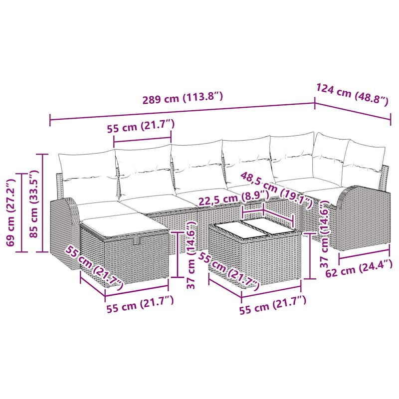 vidaXL 7/8 Garden Sofa Set with Cushions Black/Brown/Grey Poly Rattan - 113.8 x 48.8 x 27.2
