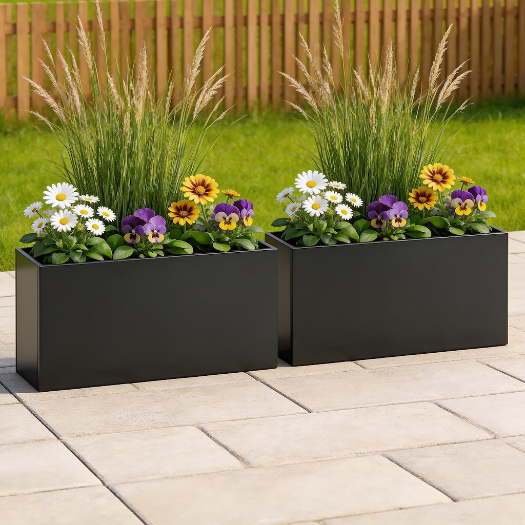 Rectangular Steel Outdoor Raised Garden Bed Planter Box with Drainage(Set of 2)
