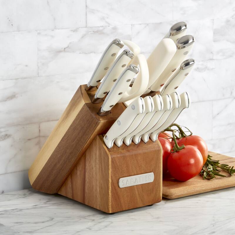 Sabatier 15 Piece White Forged Triple Rivet Cutlery Set with Acacia Block - N/A