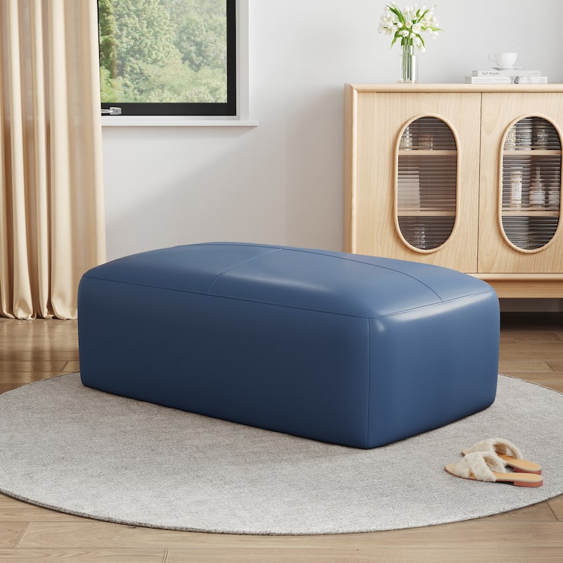 Upholstered Genuine Leather Ottoman for Living Room and Bedroom - Blue - 43"W