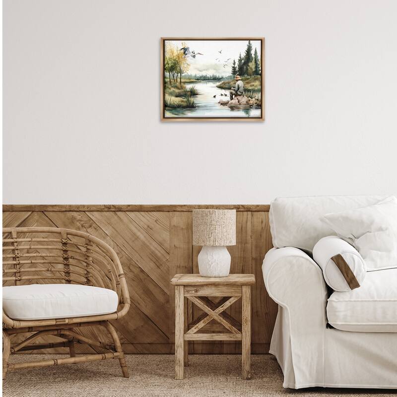 Stupell Fishing by River Landscape Framed Floater Canvas Wall Art Design By Nicole DeCamp