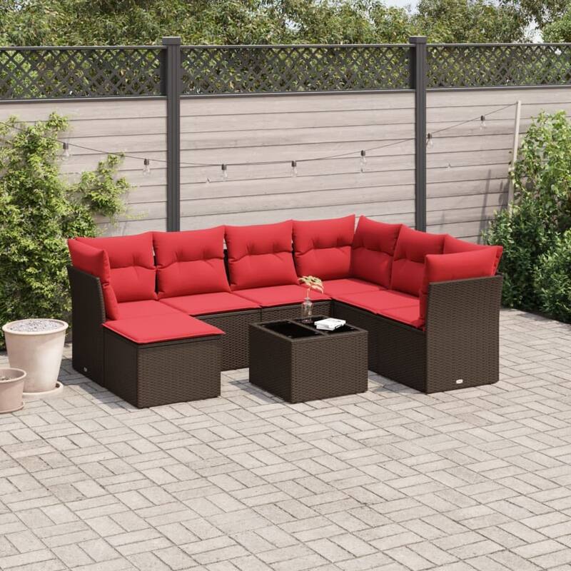 vidaXL 7/8 Piece Patio Sofa Set with Cushions Black/Brown/Gray Poly Rattan - Brown and red With table