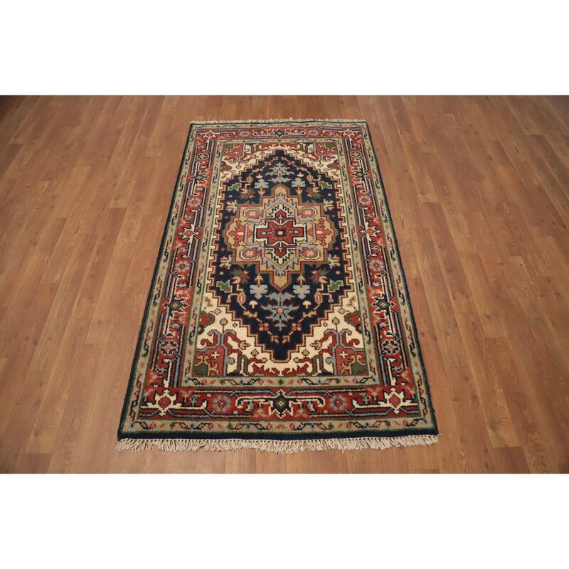 Hand Knotted Oriental 100% Wool Carpet Traditional Medallion Navy Blue & Blues Heriz (serapi) Area Rug - 5' 1'' X 3' 0''