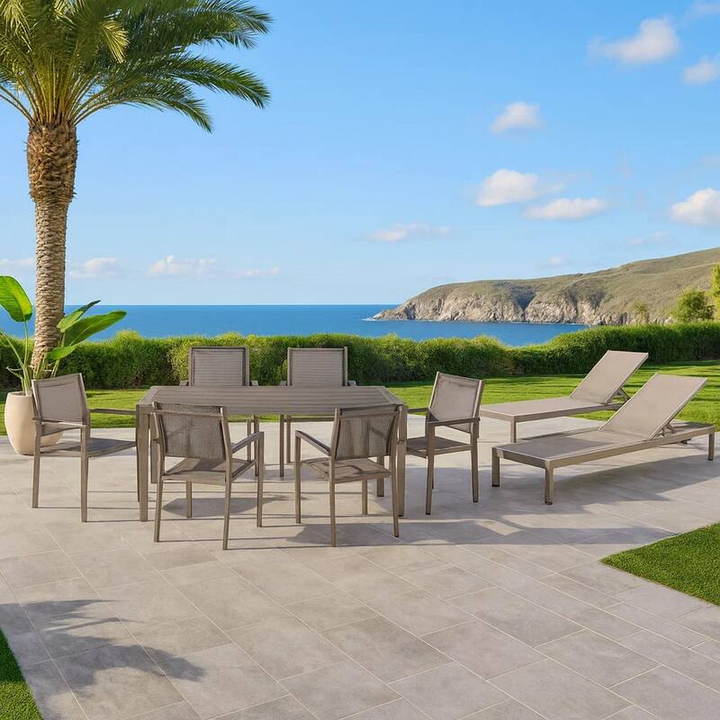 Kris 9 Piece Patio Dining and Lounge Set, Gray Textilene Seating, Aluminum