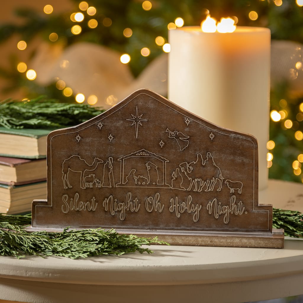 11" Wood Nativity Table Decor, "Silent Night Oh Holy Night" - 11 in