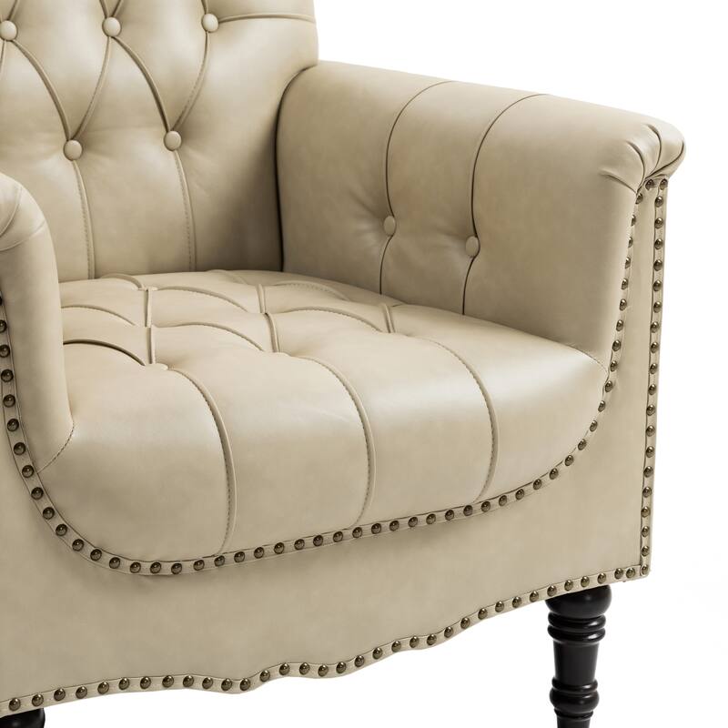 Set of 2 Tufted Vegan Leather Armchairs with Nailhead Trim and Wood Frame