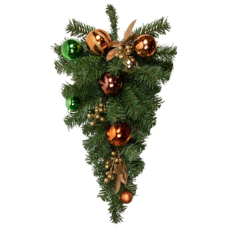 30" Green Foliage Ornaments Artificial Christmas Teardrop Swag, Unlit