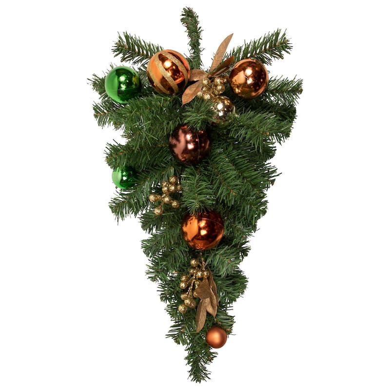 30" Green Foliage and Ornaments Artificial Christmas Teardrop Swag Unlit