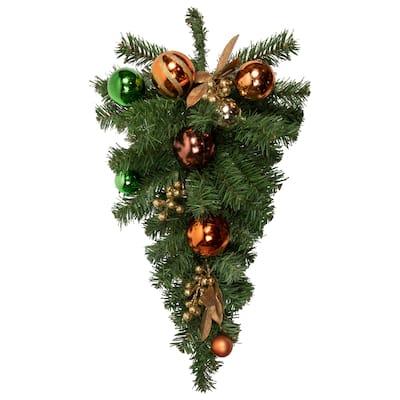 30" Green Foliage and Ornaments Artificial Christmas Teardrop Swag Unlit