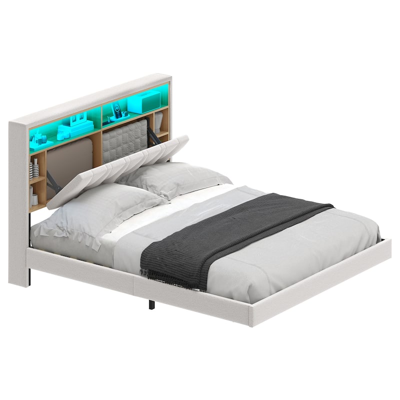 Moasis Queen Lambswool Upholstered Platform Floating Bed Frame with RGB LED Lights and , Bookcase Headboard & Charging Station