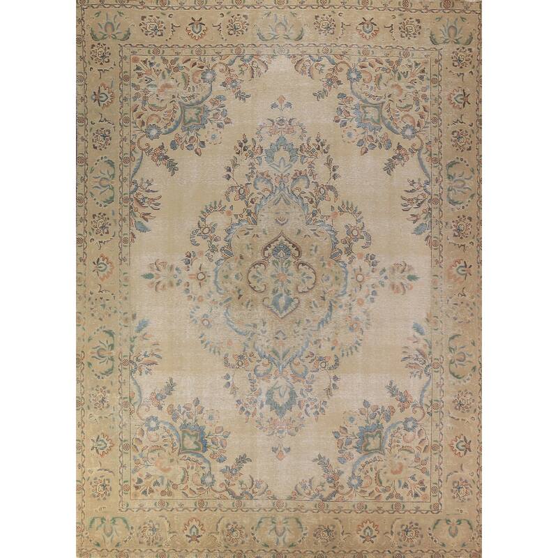 Floral Tabriz Persian Area Rug Beige Bedroom Handmade Wool Carpet - 9'6"x 12'9"