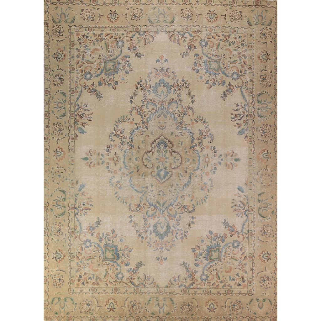Floral Tabriz Persian Area Rug Beige Bedroom Handmade Wool Carpet - 9'6"x 12'9"