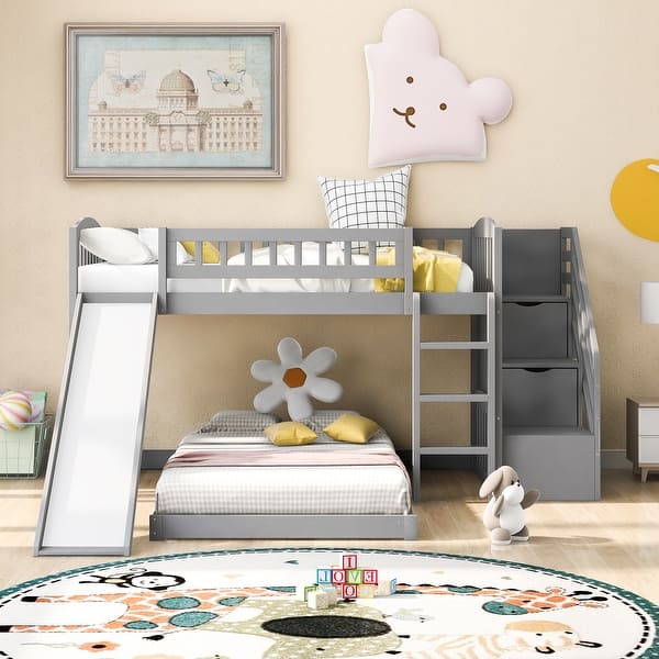 slide 2 of 34, Twin over Twin Bunk Bed with Two Drawers and Slide Gray