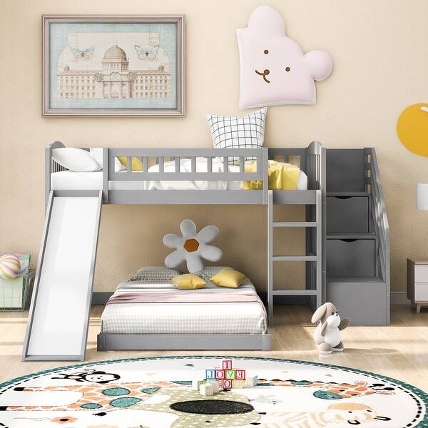 slide 2 of 20, Twin over Twin Size Low Bunk Bed with Storage Staircase and Slide Gray - Twin