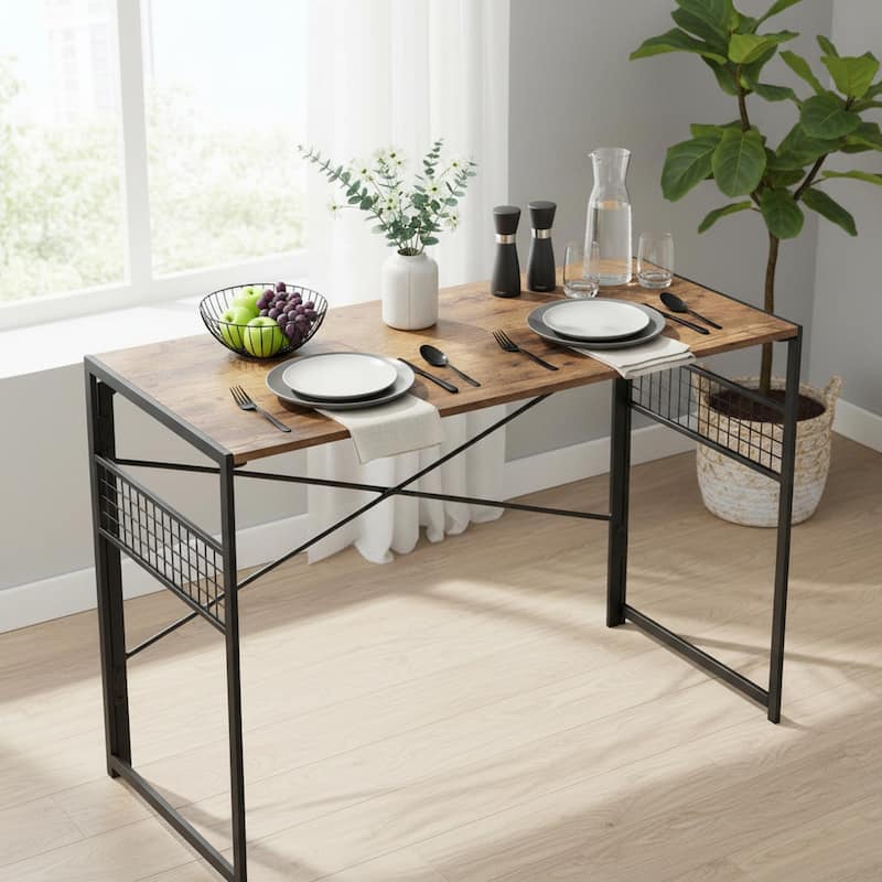 Homy Casa Folding Dining Table with Black Metal Frame and Wood Top - Brown