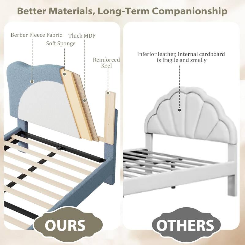 Velvet Kids Bed Frame with Adjustable Scallop Headboard, Princess Style Platform Bed, Solid Wood Slats