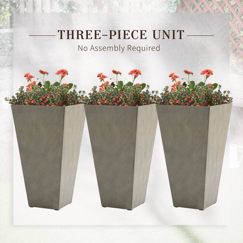 28" Tall Outdoor Planters, Set of 3 Large Taper Planters with Drainage Holes and Plug, Faux Wood Plastic Flower Pots