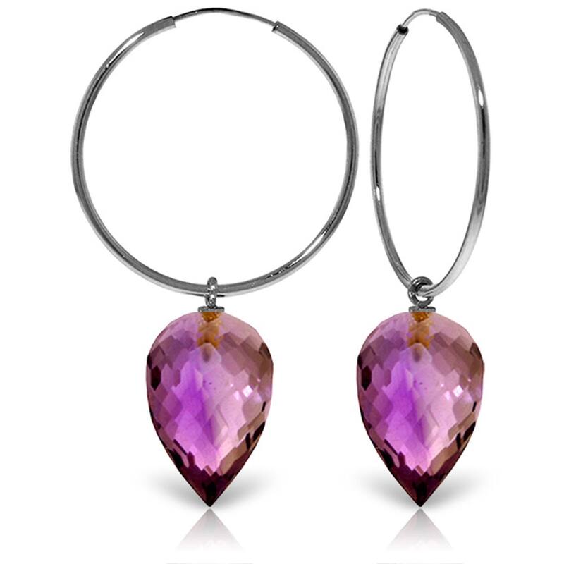 14K Solid Gold Hoop Earrings w/ Pointy Briolette Drop Amethysts