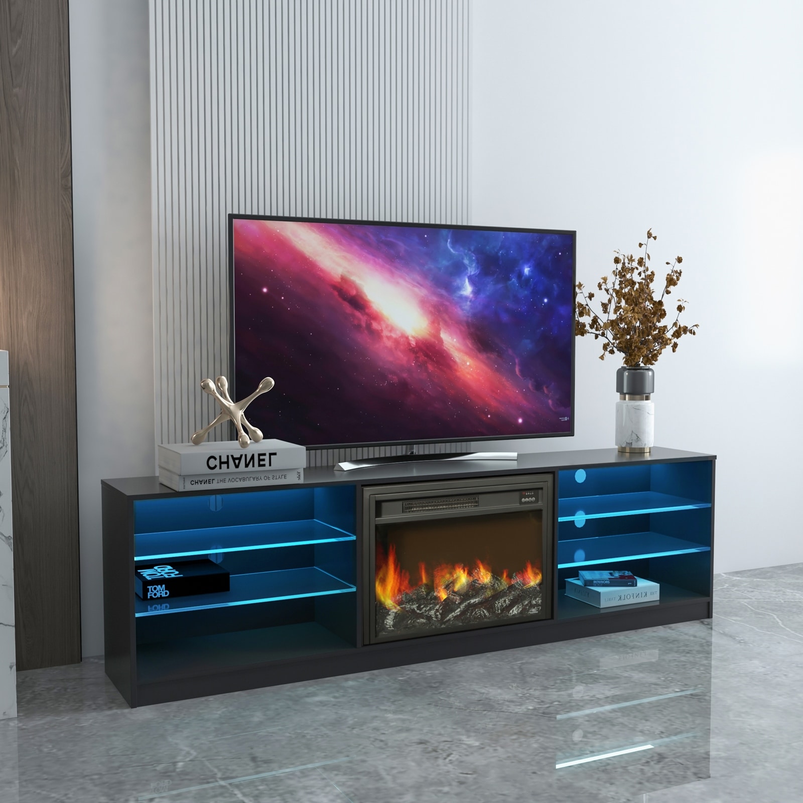 78''W Textured RGB LED TV Stand 4 Cubby Electric Fireplace with 2-Tier  Shelf - On Sale - Bed Bath u0026 Beyond - 35767000
