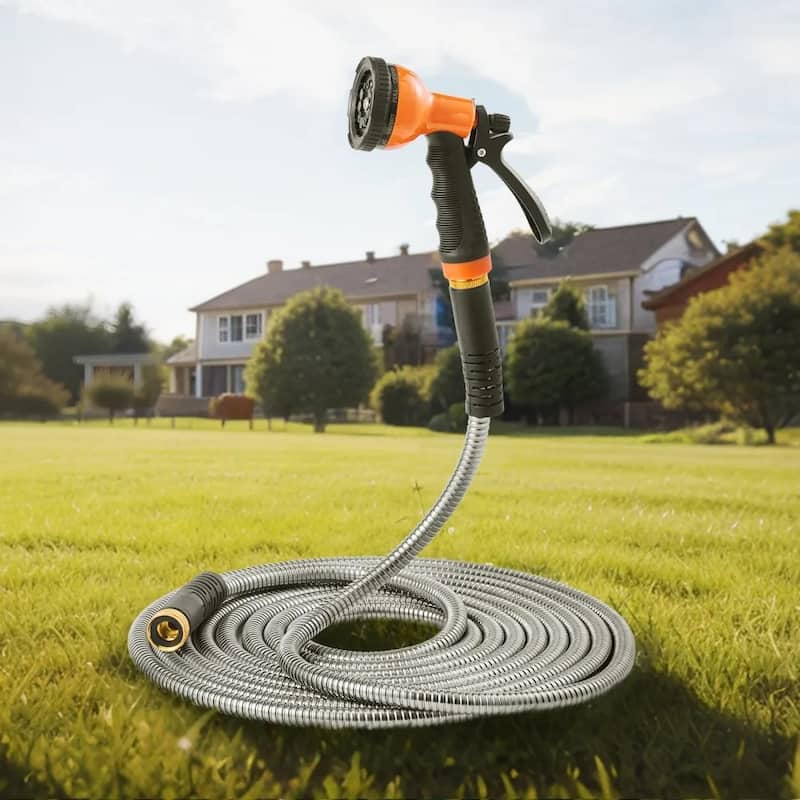 25ft Stainless Steel Hose for Garden and Car Wash Heavy-Duty Metal Hose with Adjustable Nozzle