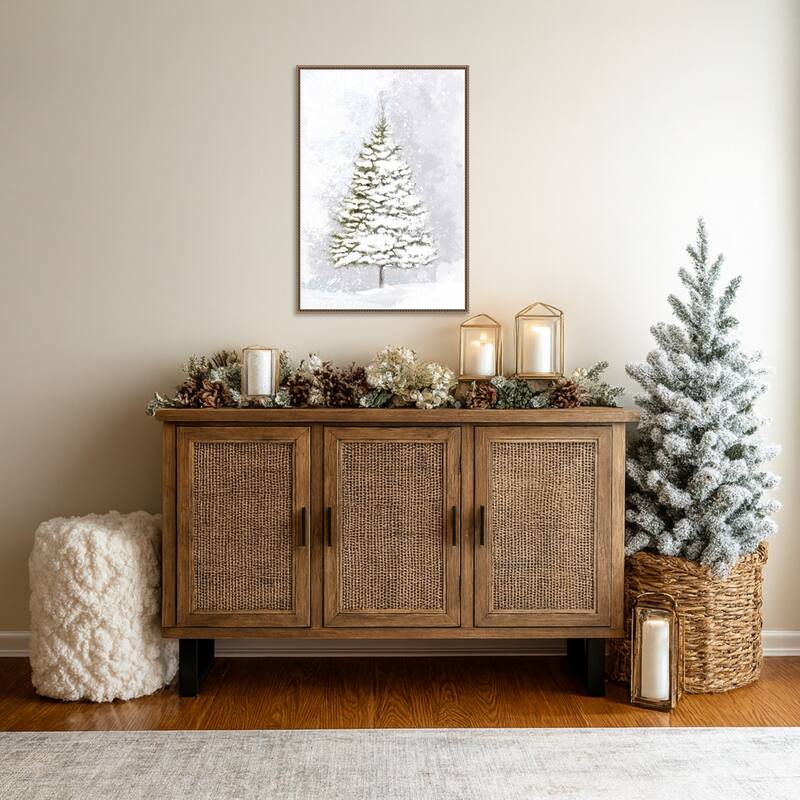 Lone fir in the snow by Rosana Laiz Blursbyai Framed Canvas Wall Art Print - Sylvie Beaded Dark Gold