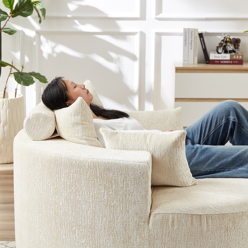 Beige Round Chenille Single Sleeper Sofa with Backrest Pillow
