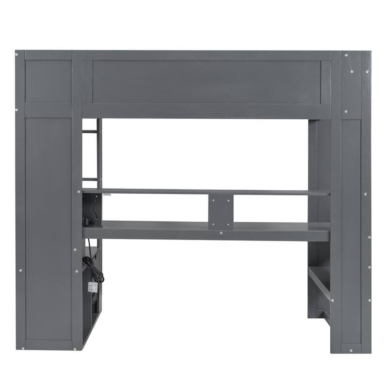 Wood Gaming Loft Bed with LED Light and Bulit-in Desk, Twin/Full Size Loft Bedframe w/Drawer, Storage Shelves & Charging Station