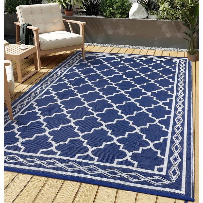Outdoor Rug Waterproof Reversible Rug Outside Plastic Carpet, Stain & UV Resistant Portable RV Rug - 6'x9' - Dark Blue White