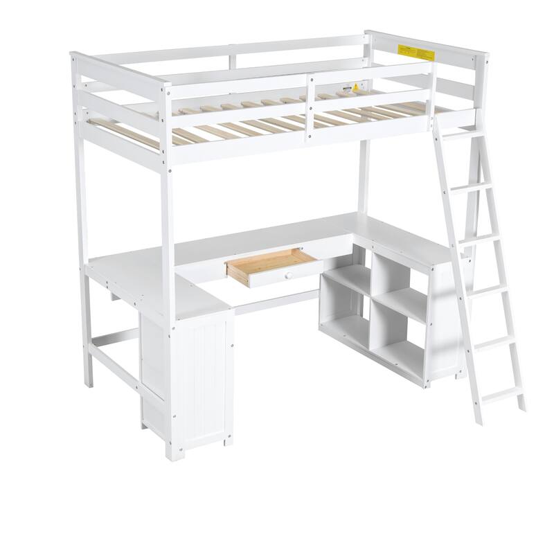 Merax Loft Bed with U-shaped Desk, Drawers and Storage Shelves