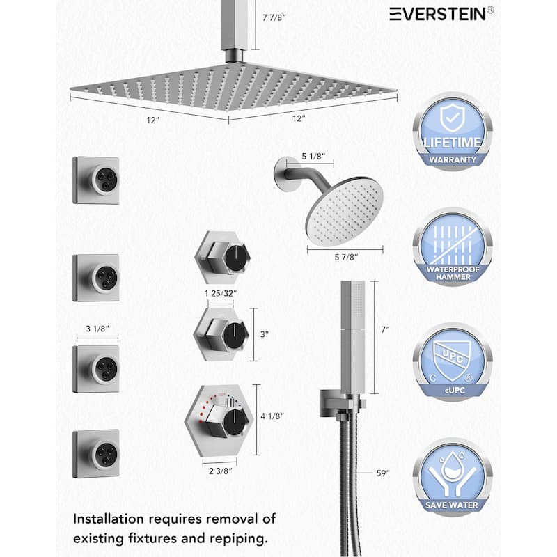 Dual Heads Thermostatic Shower Faucet with 12" Rainfall Shower, Handhels Spray And Body Jets - 12" x 6"