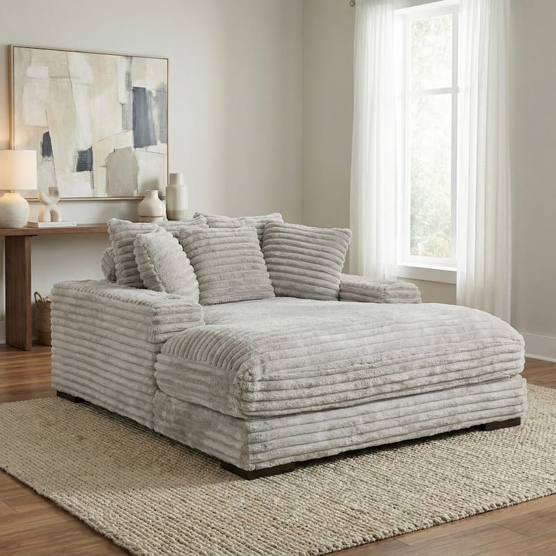 Cocoon Faux Fur Corduroy Oversized Chaise Lounge with Cupholders and USB/USB-C - Grey