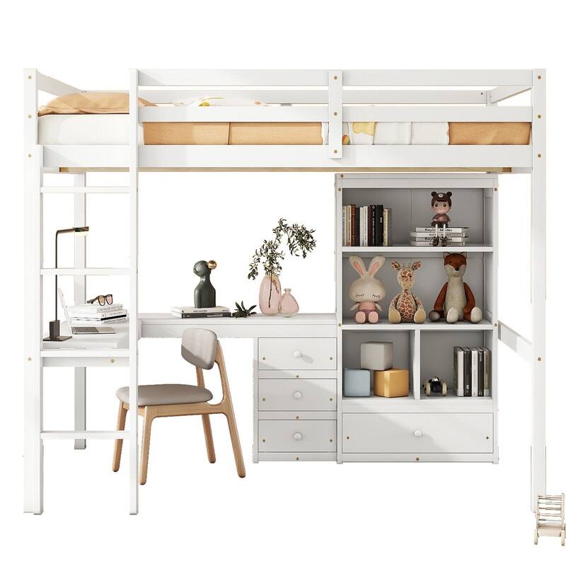 Full Size Loft Bed with Bulit-in L-Shaped Desk and Ladder, Wooden High Loft Bedframe with Storage Drawers and Shelves