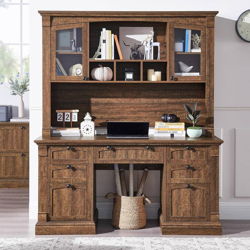 Farmhouse Computer Desk with Hutch, Wood Home Office Desk