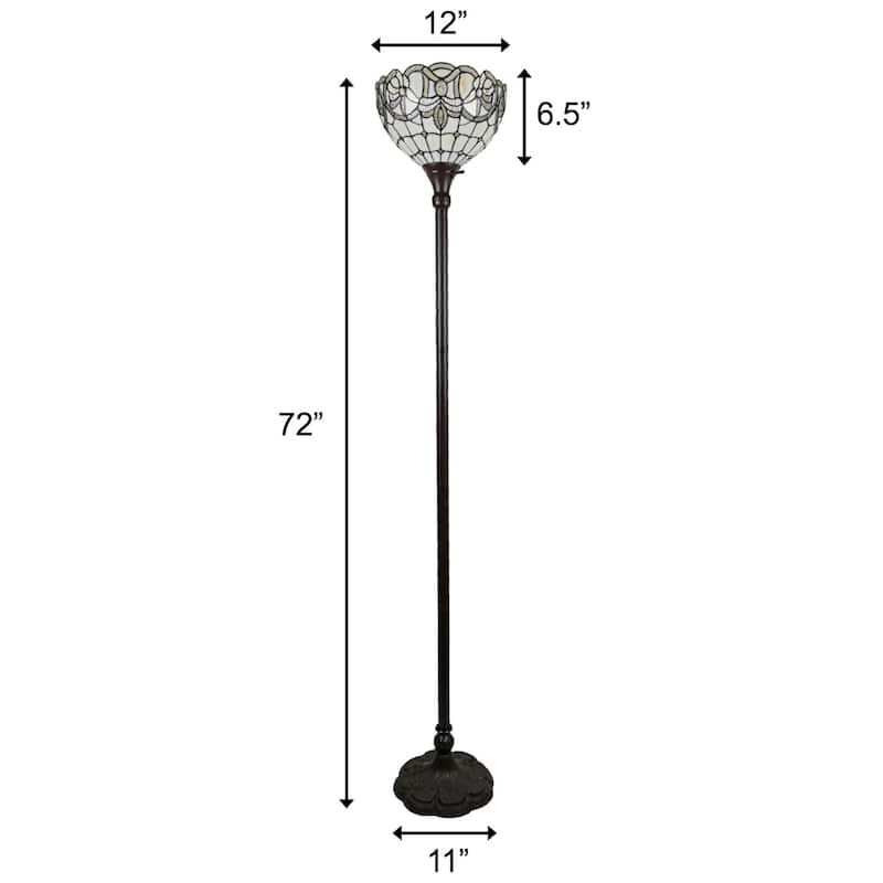Brown Metal Torchiere Floor Lamp with White Floral Stained Glass Dome - 12” x 12” x 72” (D x W x H)