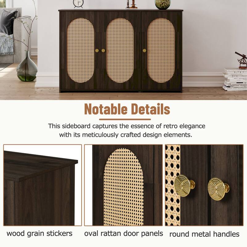 Oval Rattan Doors Sideboard with Adjustable Shelves, Brown