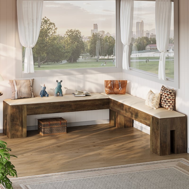 61 Inch L-Shaped Bench with Padded Seat Cushion for Entryway / Bedroom / Living Room / Kitchen Dining Room