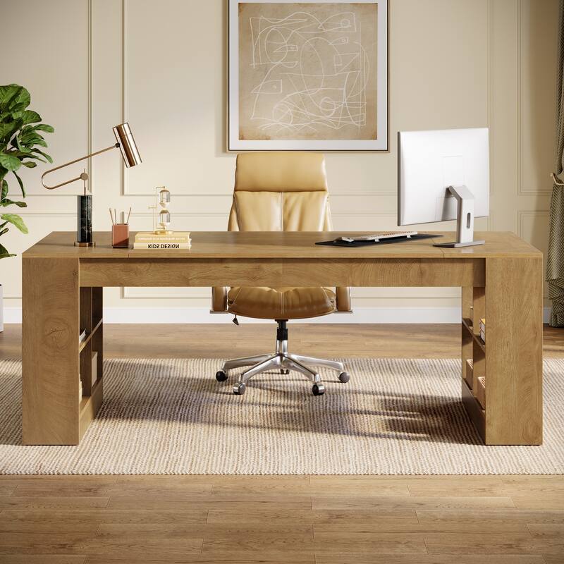 70.87-Inch Executive Desk with Storage Shelves, Wooden Large Office Computer Desk for Home Office