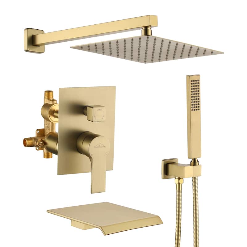 3-Function Wall Mount Shower Faucet with 12 in. Fixed shower head - 10" - Brushed Gold