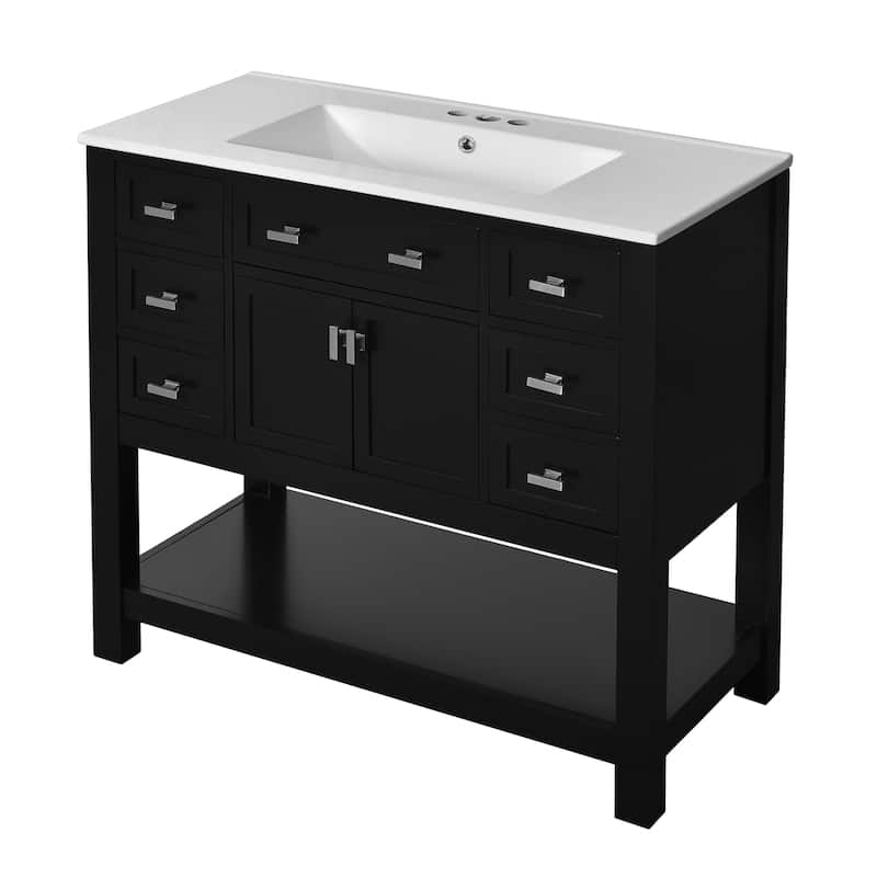 36-Inch Black Bathroom Vanity with Ceramic Sink, 6 Drawers, and Soft-Close Doors - 36 in ,Black ,Ceramic,Solid Wood+MDF