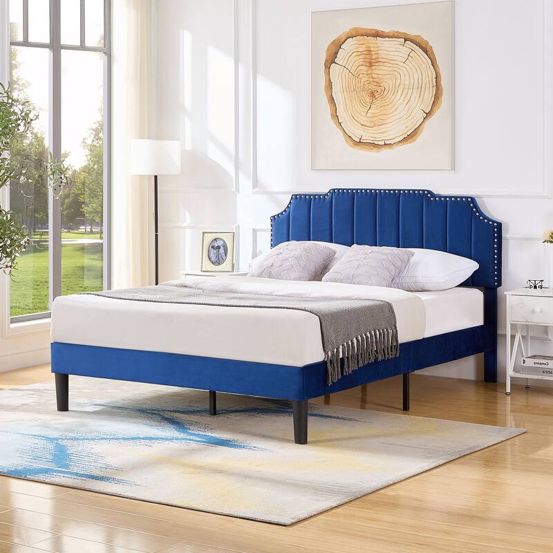 VECELO Upholstered Bed Frame with Nailhead Trim Adjustable Height Headboard, Twin/Full/Queen Size Bedframes