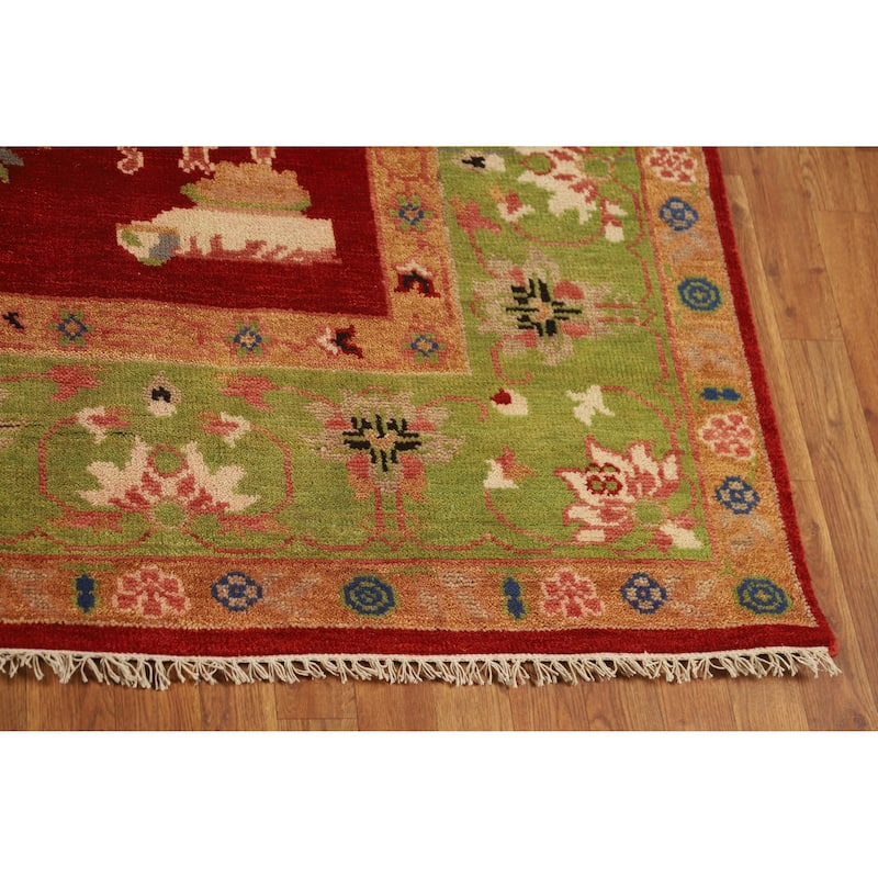 Red Pictorial Floral Heriz Serapi Indian Rug Hand-Knotted Wool Carpet - 7'11" x 10'0"