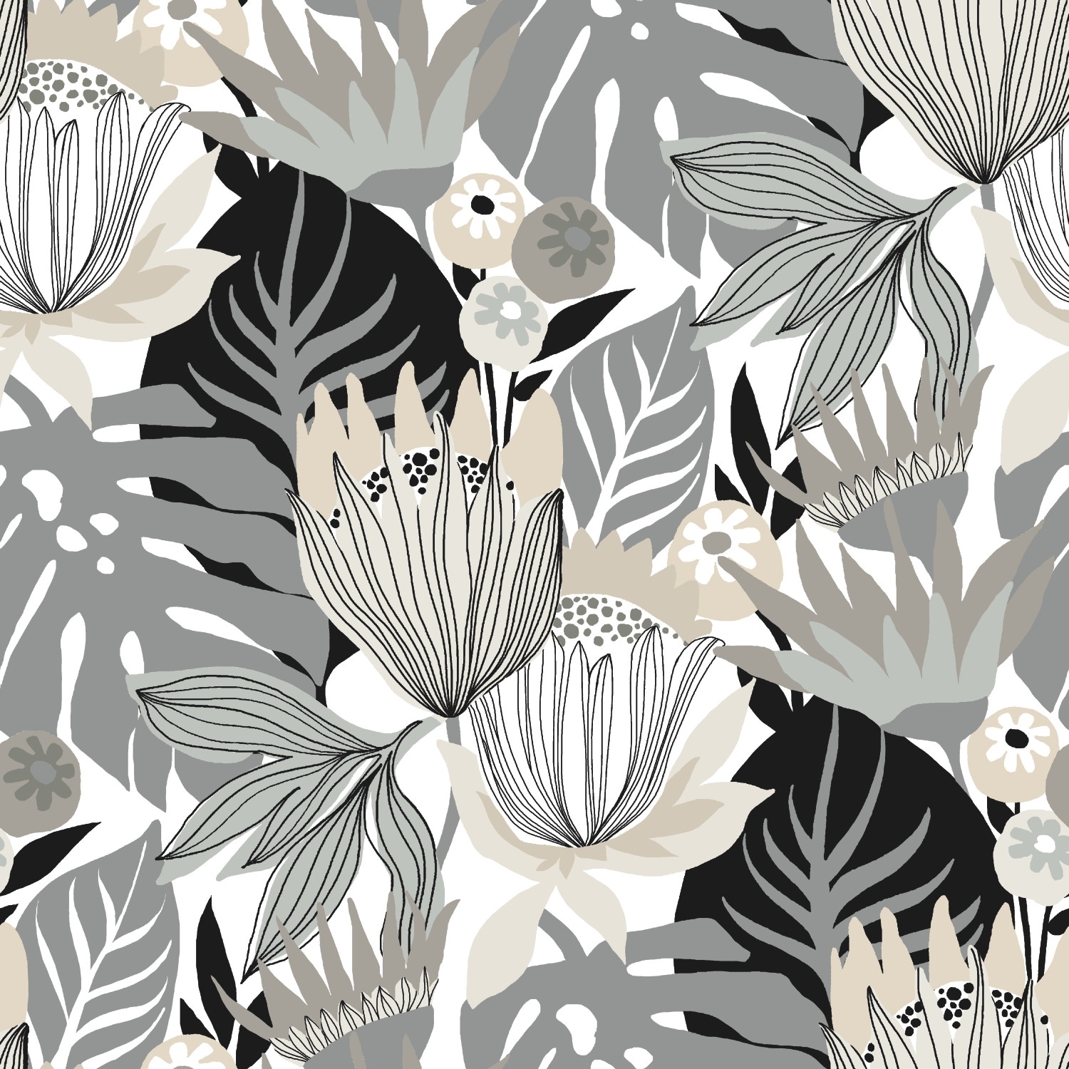 RoomMates Grey & Beige Retro Tropical Leaves Peel and Stick Wallpaper