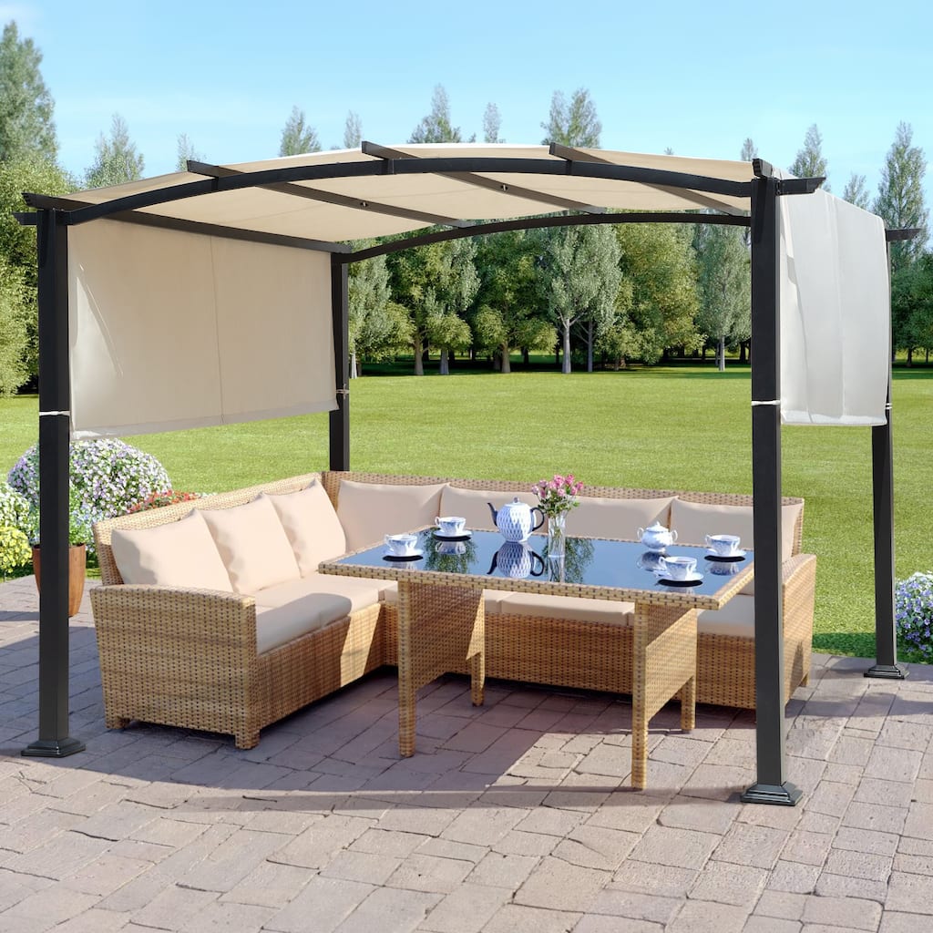 Cozywor 10 ft. x 10 ft. Steel Arched Pergola with Beige Shade Canopy