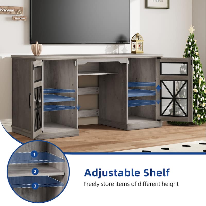 Moasis Farmhouse TV Stand Media Entertainment Console with Glass Doors Fits for 24" Fireplace TVs up to 65'' - Without Fireplace