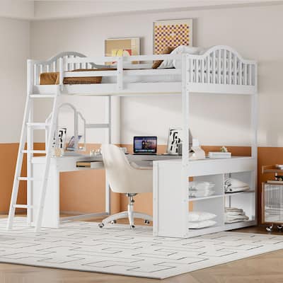 Full Loft Bed with U-shaped Desk, Tri-fold Mirror and Storage Shelves